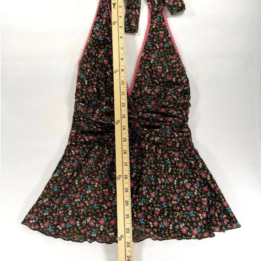 Vintage Y2K Candie's Ditsy Floral Ruched Front Pink Lace Halter Top Size S - Picture 5 of 6